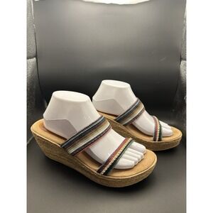 Sbicca Of CA Wedge Platform Slip‎ On Sandals Rhinestone Rasta Stripe Wmn's Sz 10